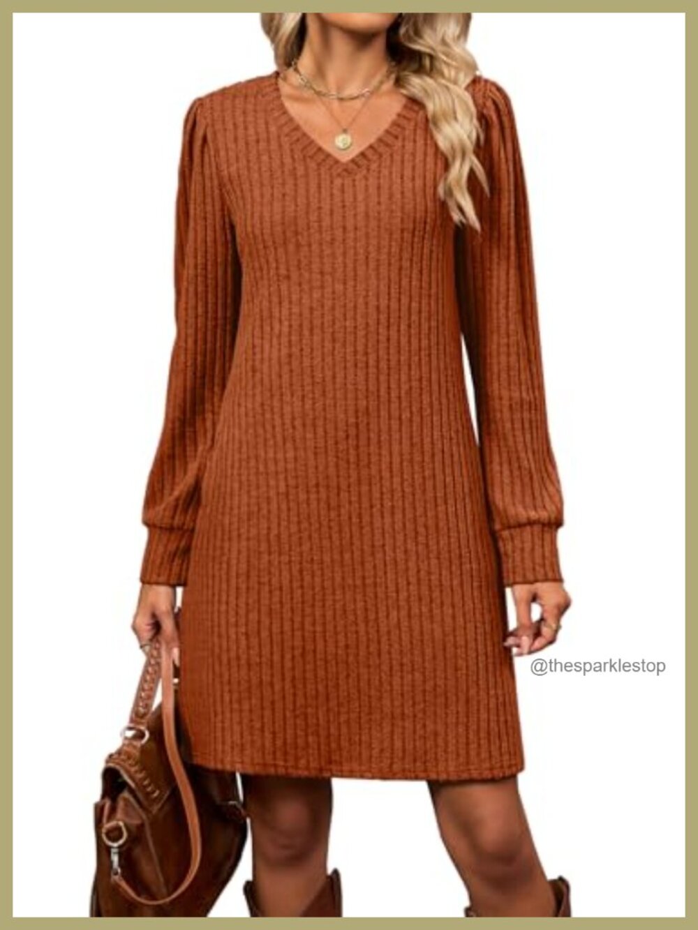 Womens Long Sleeve Ribbed Knit Sweater Dress with Pockets Knee Length